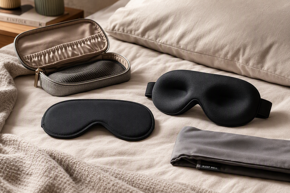 Flat and contoured sleep masks arranged beside a pillow, travel pouch, and folded bedding in a calm bedroom setting.