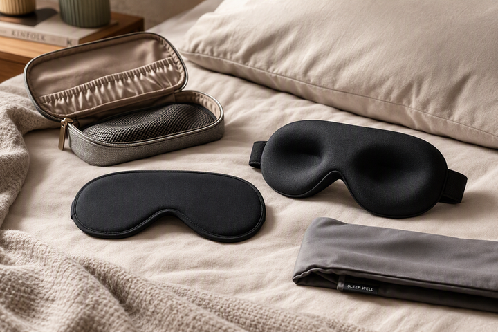 Flat and contoured sleep masks arranged beside a pillow, travel pouch, and folded bedding in a calm bedroom setting.