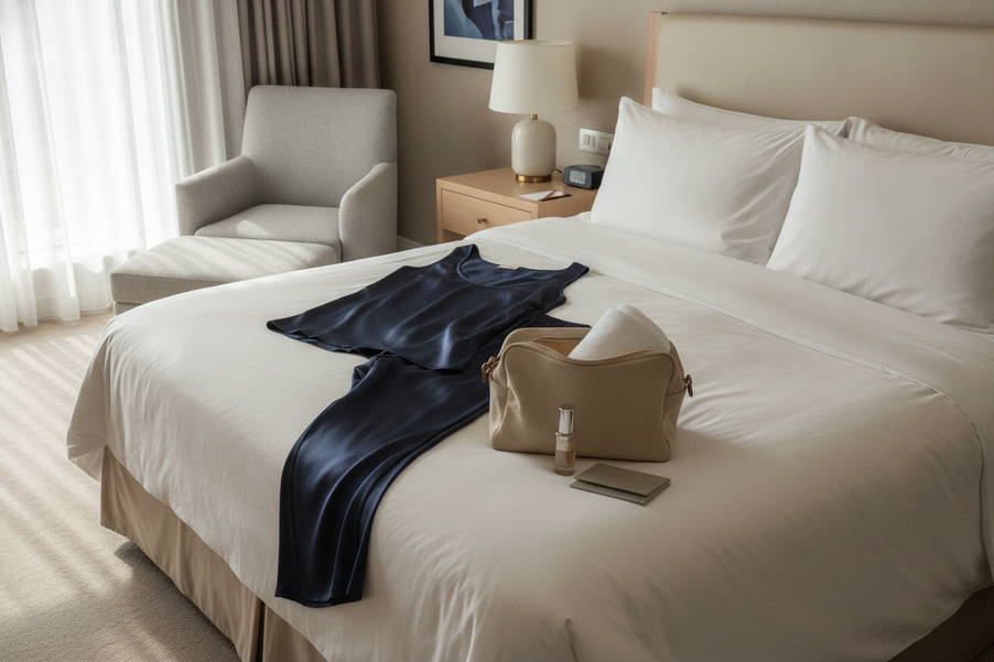 Silk pajama set arranged on a neatly made hotel bed beside a compact overnight travel bag