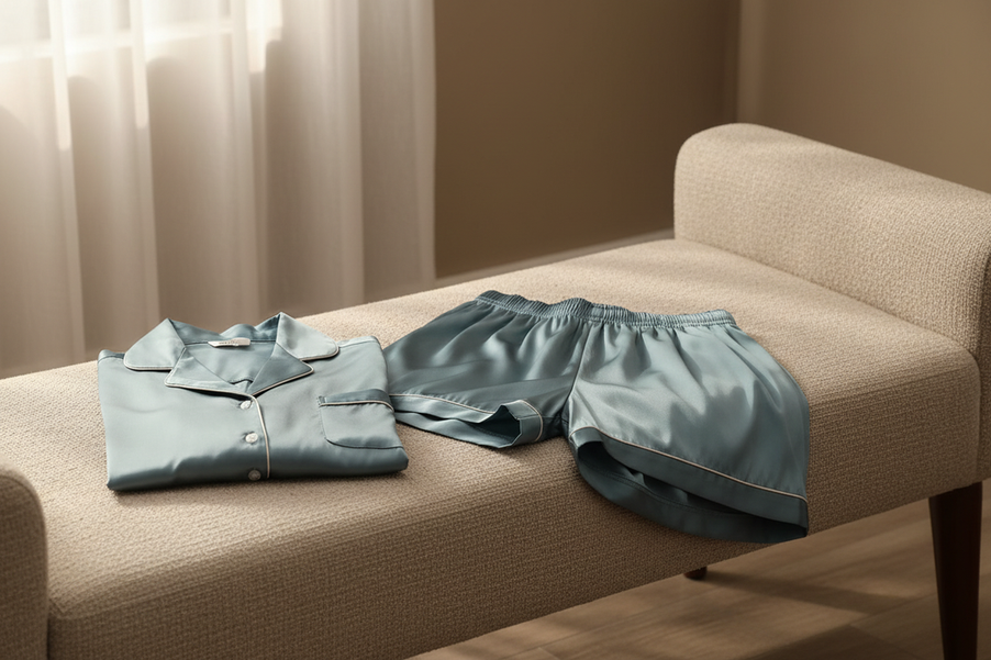 Silk pajama set arranged as an editorial sleepwear value hero