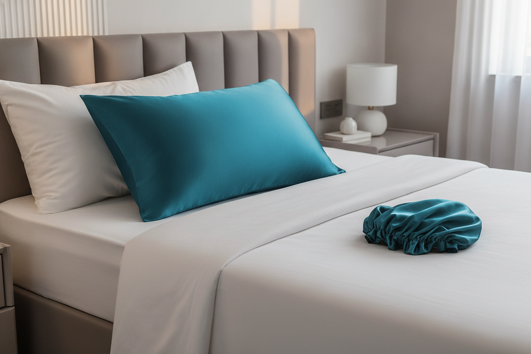 A styled bedroom scene showing a silk pillowcase and a hair bonnet as complementary overnight options for curly hair care.