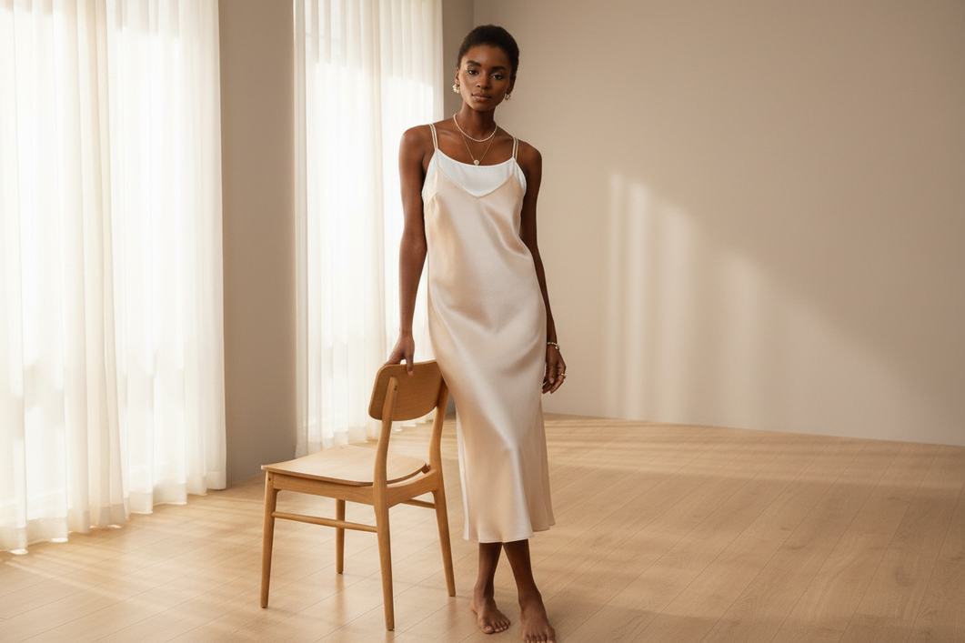 Silk dress styled with a lightweight camisole for discreet coverage and a cool, smooth layered look.