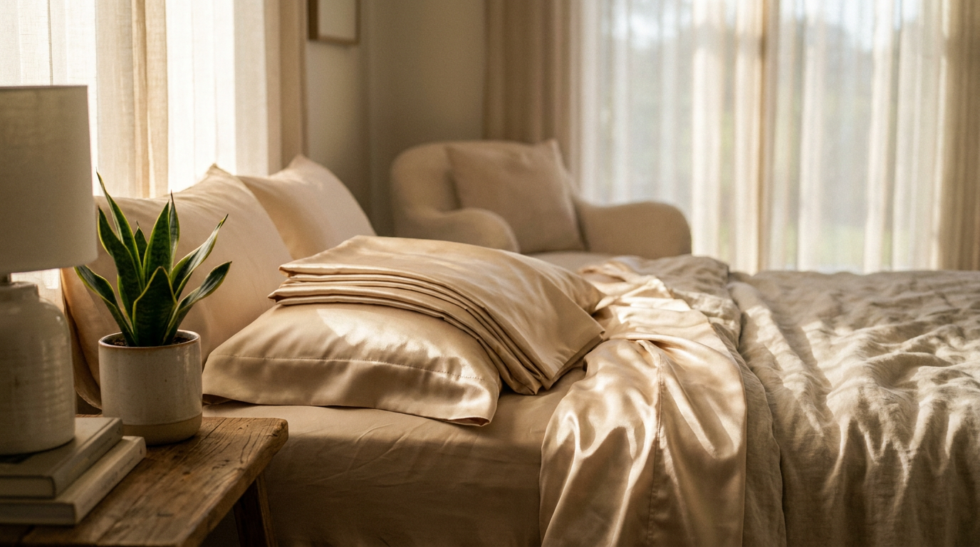 Luxurious bedroom with silk pillowcases and indoor plant on nightstand