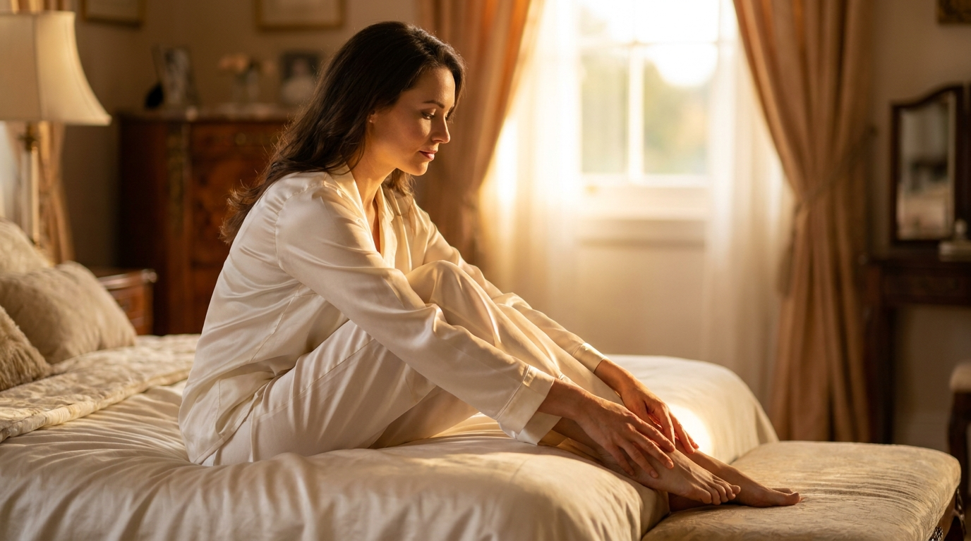 Woman in silk sleepwear sitting on bed touching her feet in warm evening light