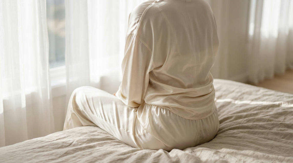 Woman wearing ivory silk pajamas sitting on bed in soft natural light