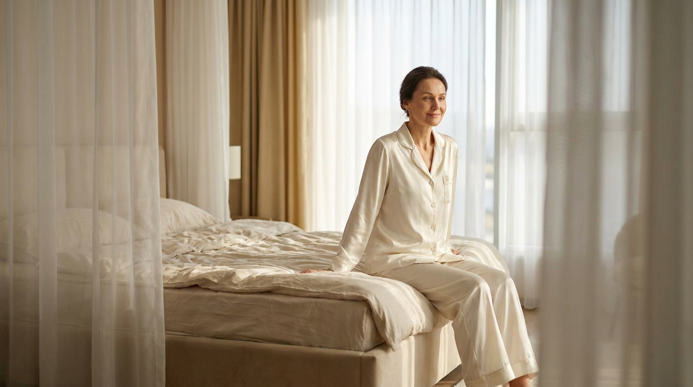 Woman wearing luxurious silk pajamas in a sunlit bedroom