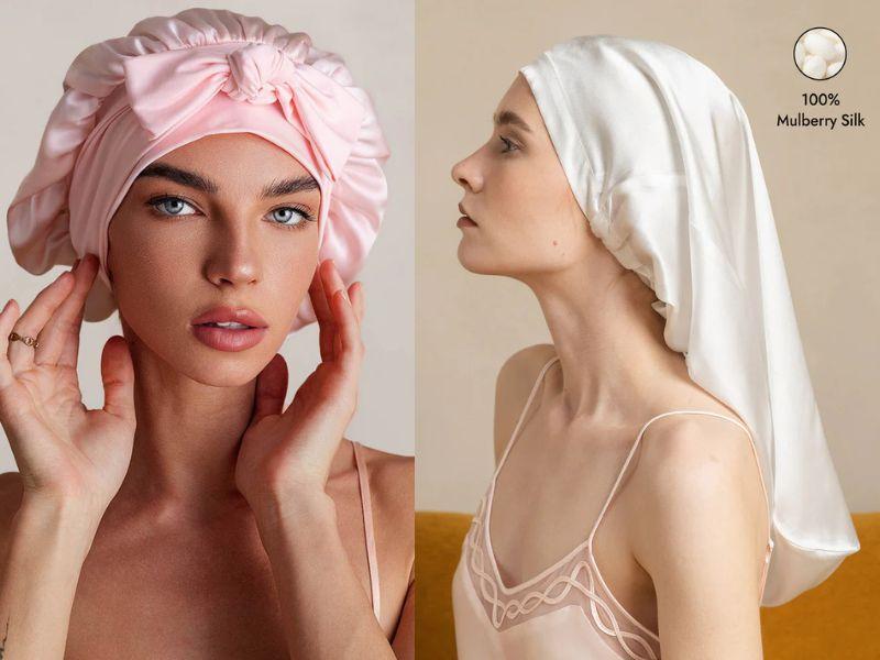 Pink & White 100% Mulberry Silk Sleep Bonnets