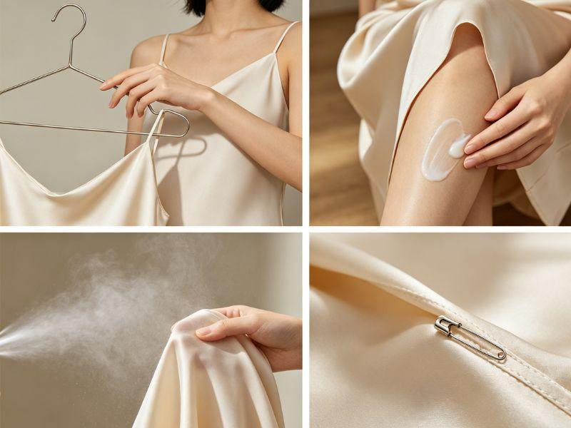 Caring for silk: Cream slip dress, spray misting, lotion application, safety pin
