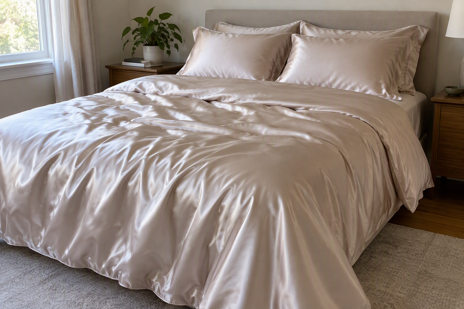 Silk bedding arranged on a bed, showing the smooth drape of the sheets and pillowcases.