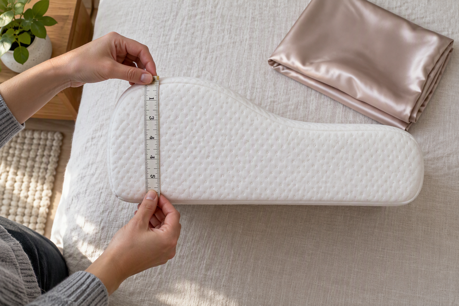 A person measures the high side of an uncompressed contoured pillow with a soft tape measure; a folded silk pillowcase sits nearby.