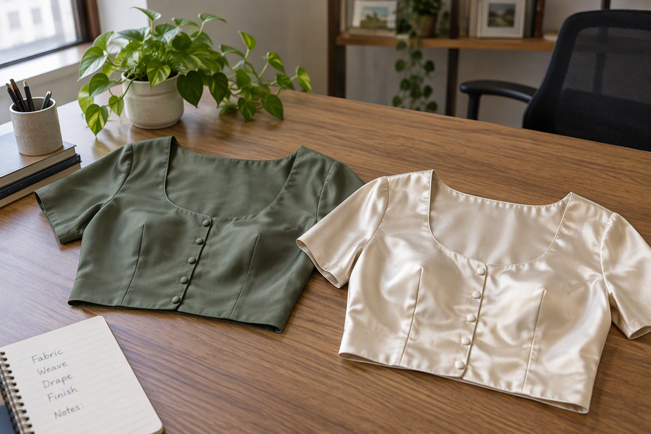 Two silk work blouses with different levels of sheen, illustrating the surface choice for office wear.