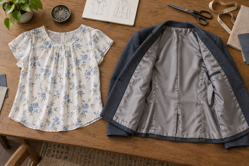 A summer blouse beside an inside-out jacket showing its lining.