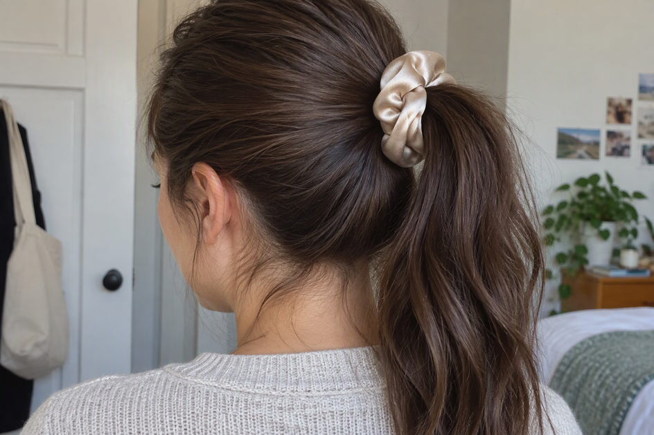 A silk scrunchie holding a gathered ponytail at the base of the hair.