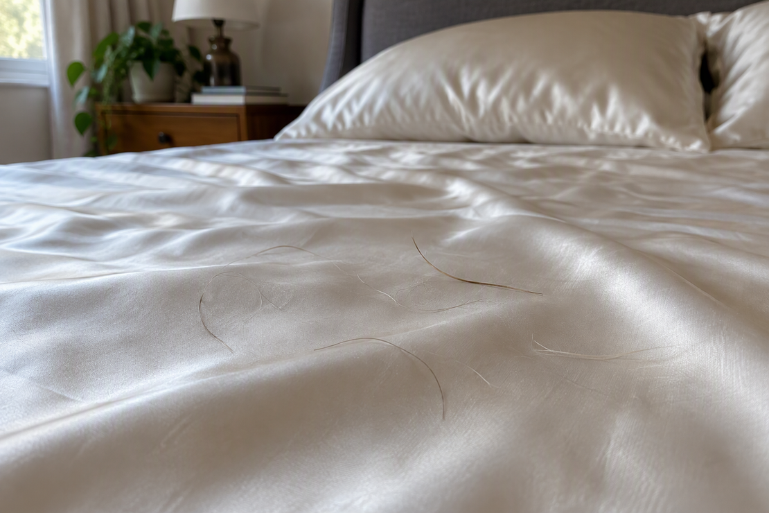Loose pet hairs resting on a silk sheet spread across a bed.