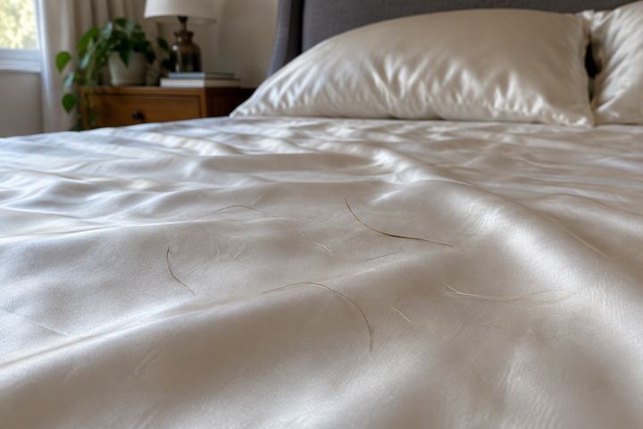 Loose pet hairs resting on a silk sheet spread across a bed.