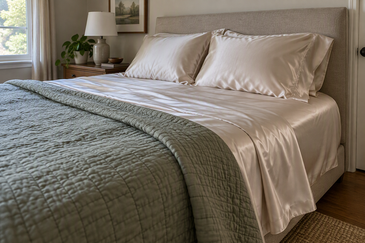 A bed made with smooth, softly draped silk sheets and pillowcases, with a quilt folded back to show the bedding layers.