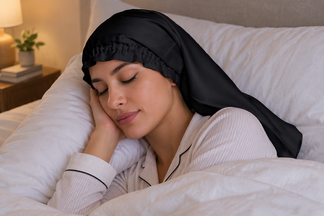 A person wearing a long black silk bonnet at bedtime, with its draped fabric body visible.