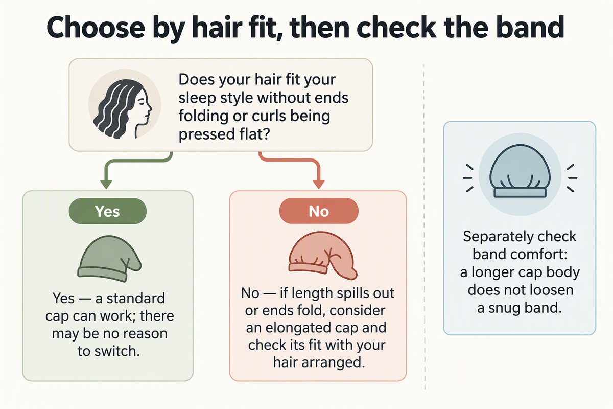 Decision diagram showing how to choose a bonnet based on hair fit first and band comfort separately