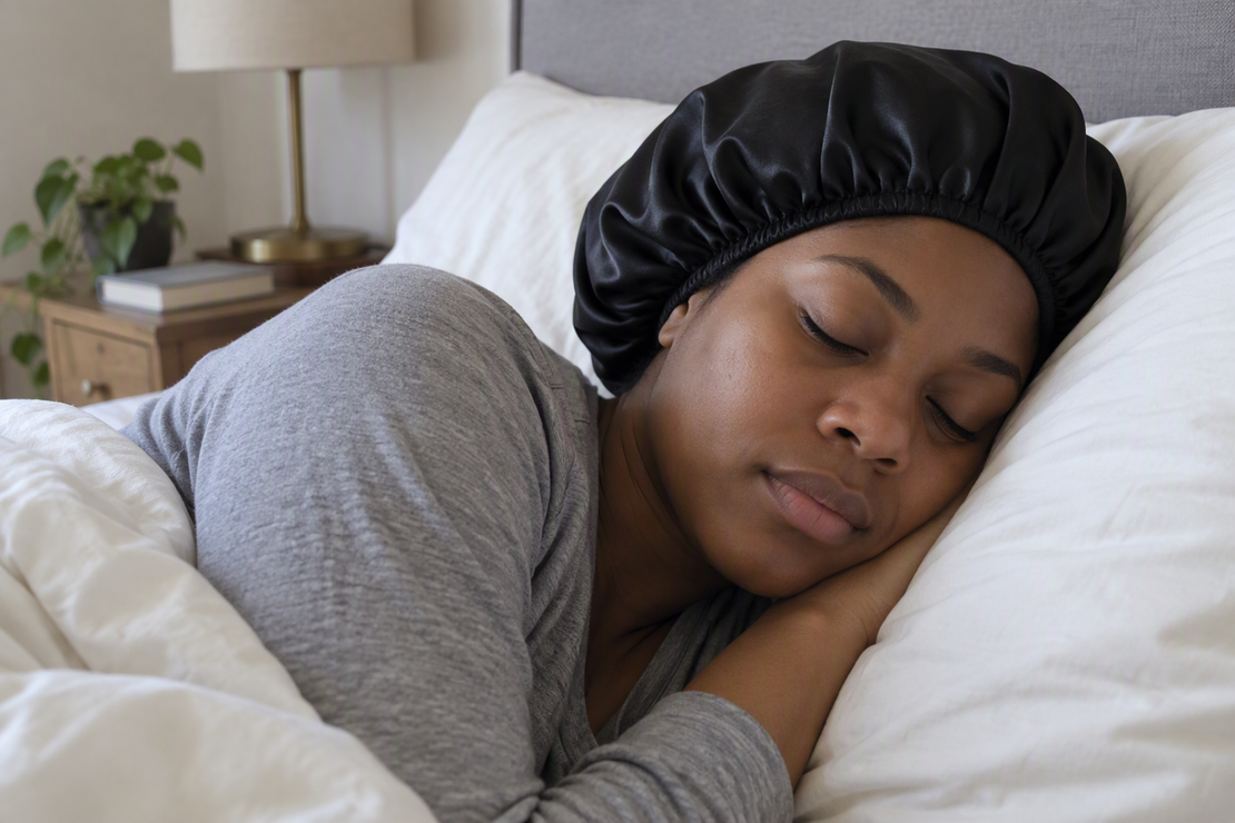 An adult sleeps on their side wearing a silk hair bonnet, with the covered head resting against a pillow.