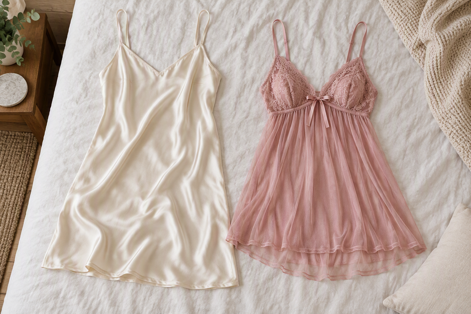 Silk chemise and synthetic babydoll laid side by side as overnight-wear options.