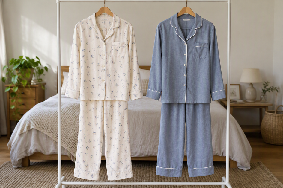 Two folded pajama sets arranged side by side as a neutral fabric comparison.