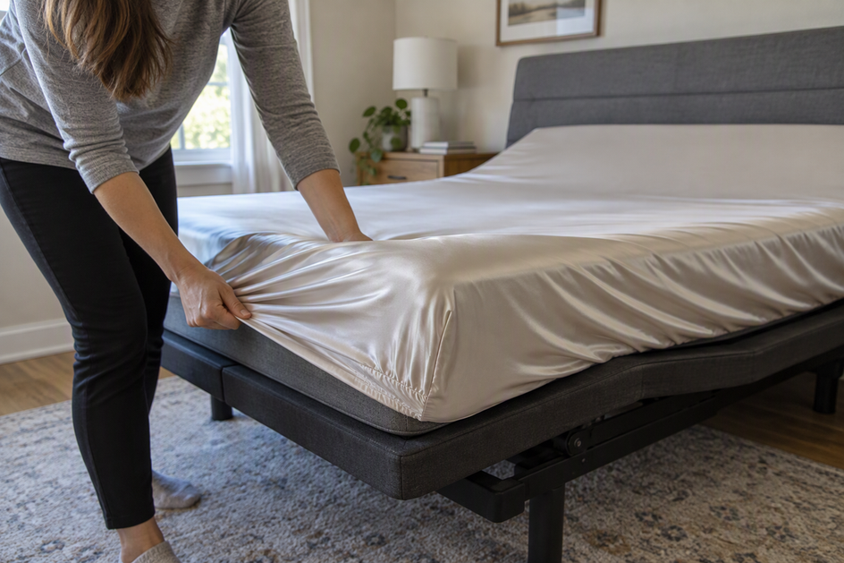 A person stretches a silk fitted-sheet corner over the edge of a flat adjustable-bed mattress.