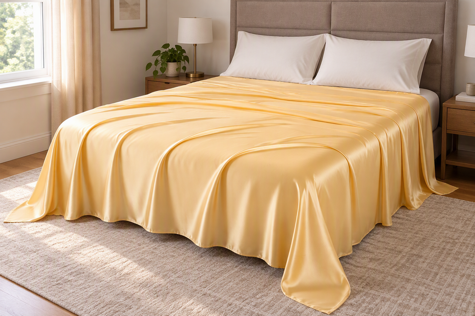 Champagne silk flat sheet spread as the only top layer over a bed, draping along the mattress edges.