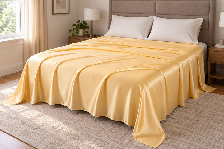 Champagne silk flat sheet spread as the only top layer over a bed, draping along the mattress edges.