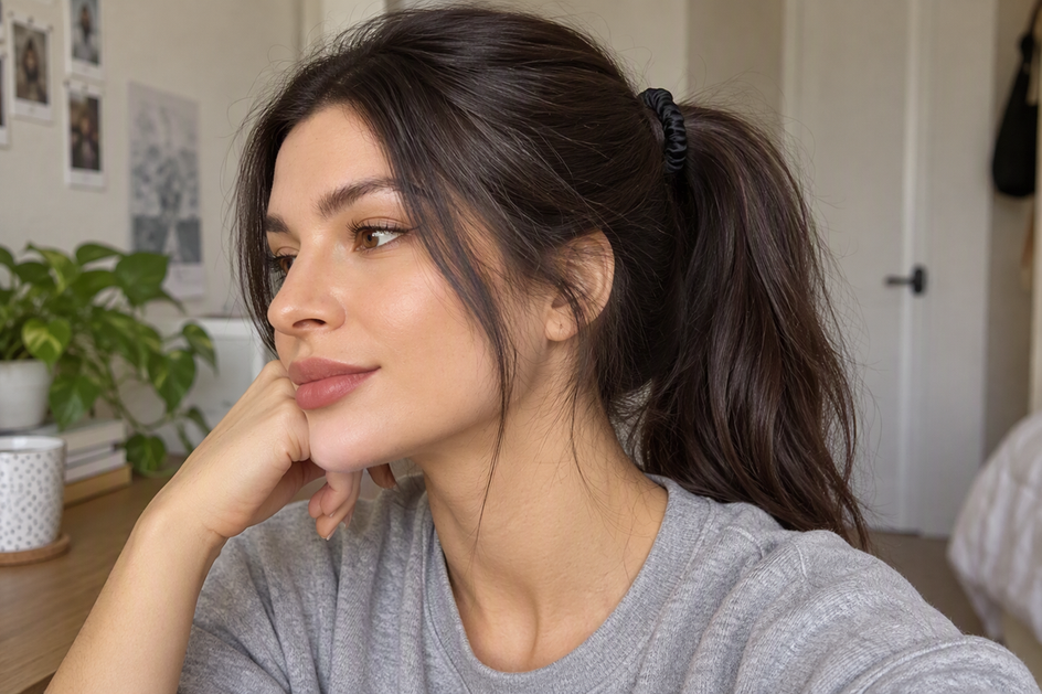 A black silk scrunchie securing a ponytail