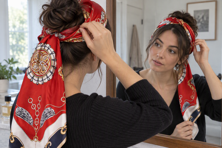 A person pauses while trying a patterned silk scarf around a pinned updo, checking its position near a raised crown cluster.