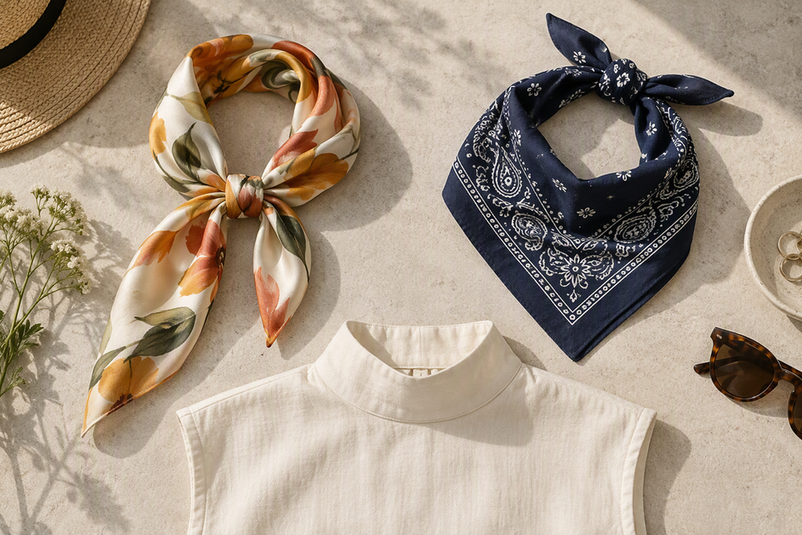 A silk neck scarf and cotton bandana arranged beside a high-collar top.