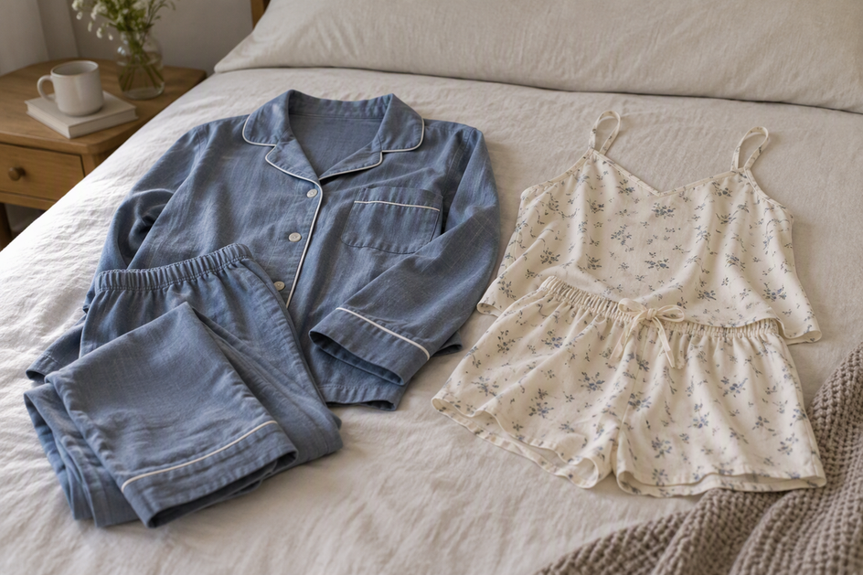 Two unbranded sleepwear garments presented side by side to introduce a silk-versus-Lyocell comparison.