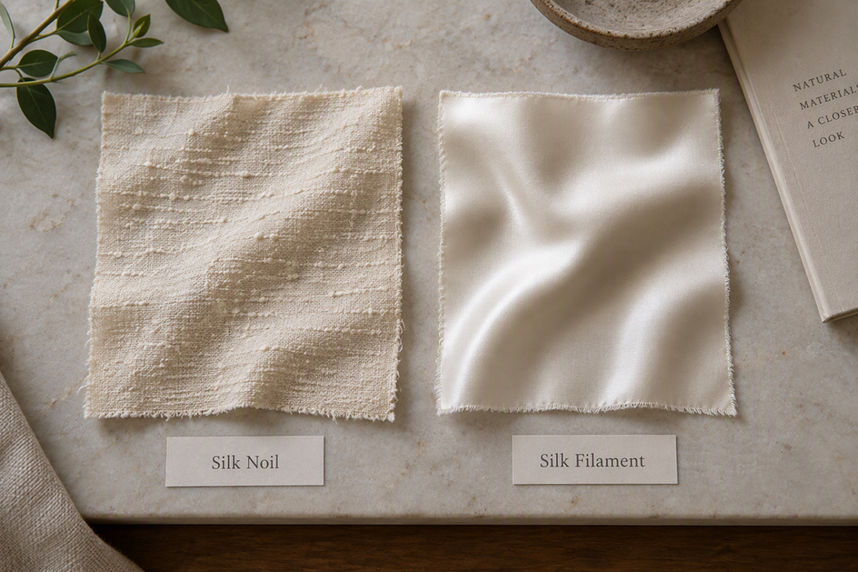 Overhead view of a nubby silk noil swatch beside a smooth filament-silk swatch.