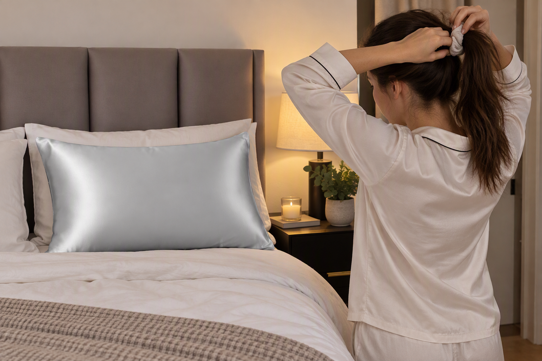 A person gathers their hair back beside a bed with a silk pillowcase.