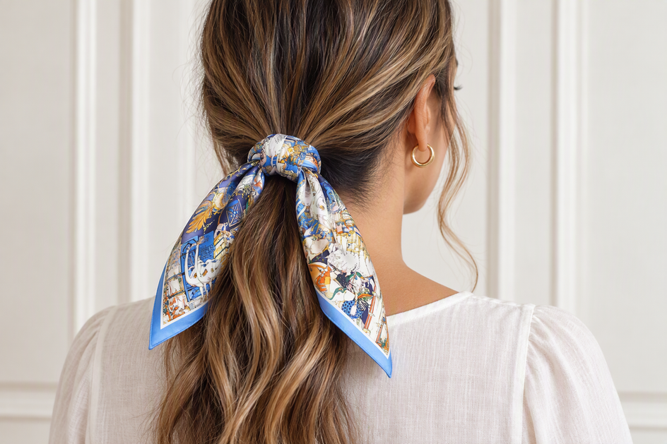 A low ponytail tied with a folded silk scarf, with a small knot and short tails at the base.