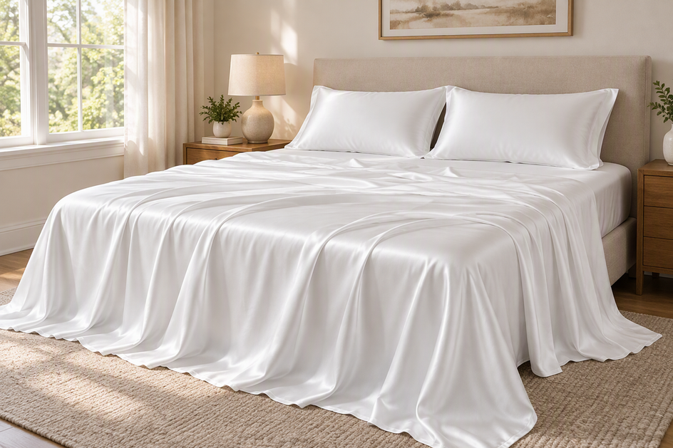 A bed made with white silk sheets and pillowcases, with soft folds across the bedding.
