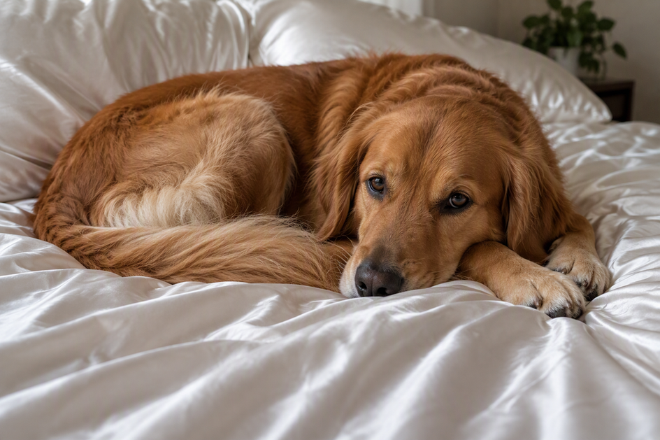 A calm dog curled on smooth silk sheets on a bed.