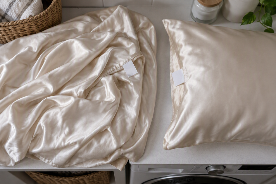 Silk sheet and pillowcase arranged side by side with their care tags visible.