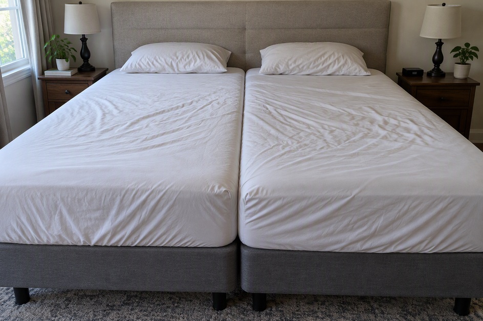 A split king bed with two adjacent mattress halves, each covered by its own fitted sheet, and the center join visible.