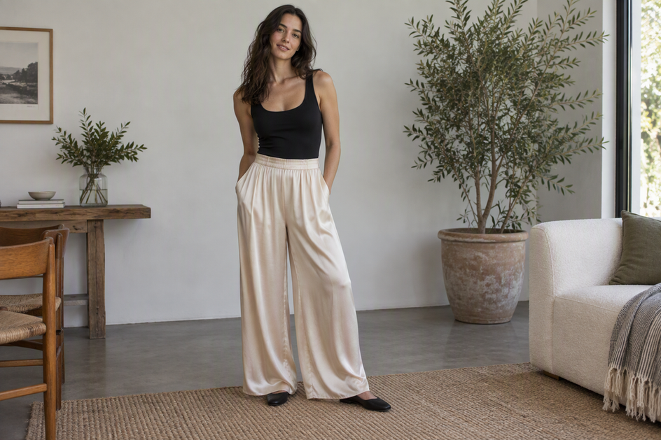 Woman wearing wide-leg silk pants with a simple fitted top and understated shoes.