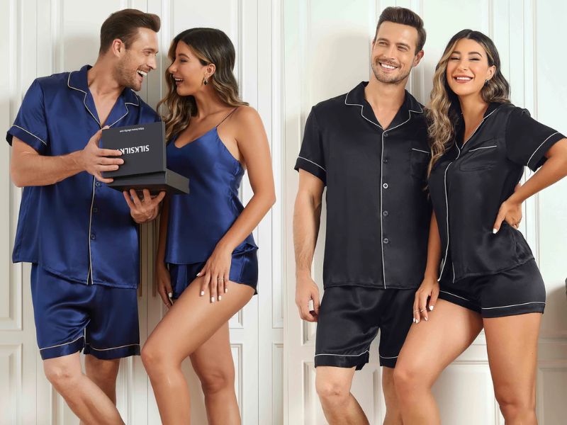 Two couples modeling matching silk pajama sets
