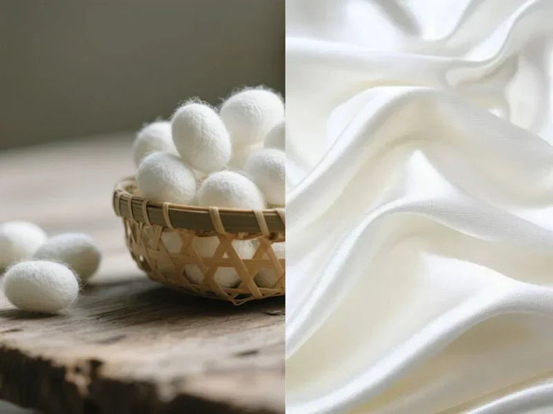 Side-by-side image showing silkworm cocoons in a small woven basket on the left, and smooth, flowing white silk fabric with gentle folds on the right, representing the transformation from raw silk to luxurious textile