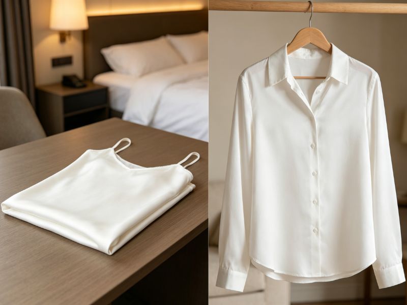A split-panel image showing folded white silk pajamas on a dark table and a silk button-down shirt on a hanger.