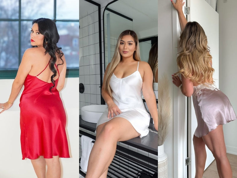 Three models wearing silk sleepwear - one in a red slip dress, one in white silk chemise in bathroom, and one in lavender silk nightdress