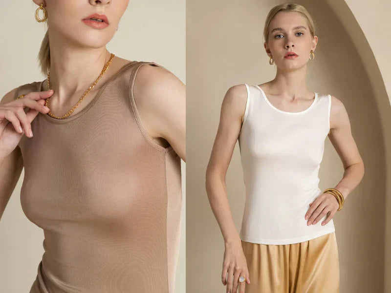 A side-by-side image of a woman modeling a silk tank top. The left image is a close-up of the woman in a beige tank top with a gold chain necklace