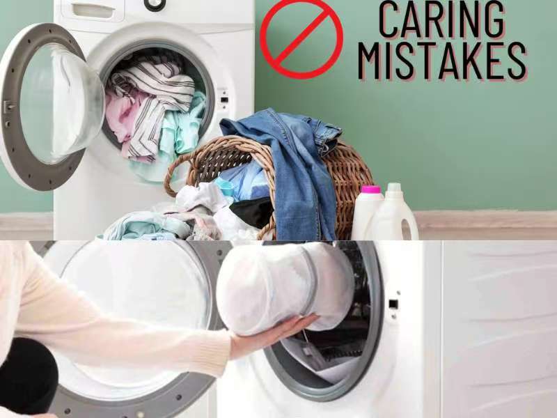 Collage showing laundry care mistakes - washing machine with clothing inside and text "CARING MISTAKES" with prohibition symbol, plus a person checking the washing machine filter