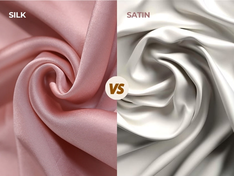 Side-by-side comparison of silk fabric (pink, left) versus satin fabric (white, right) with 'VS' text in the center, showing the different textures and appearances of both materials used for pillowcases