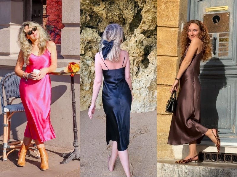 Three women modeling different colored silk slip dresses