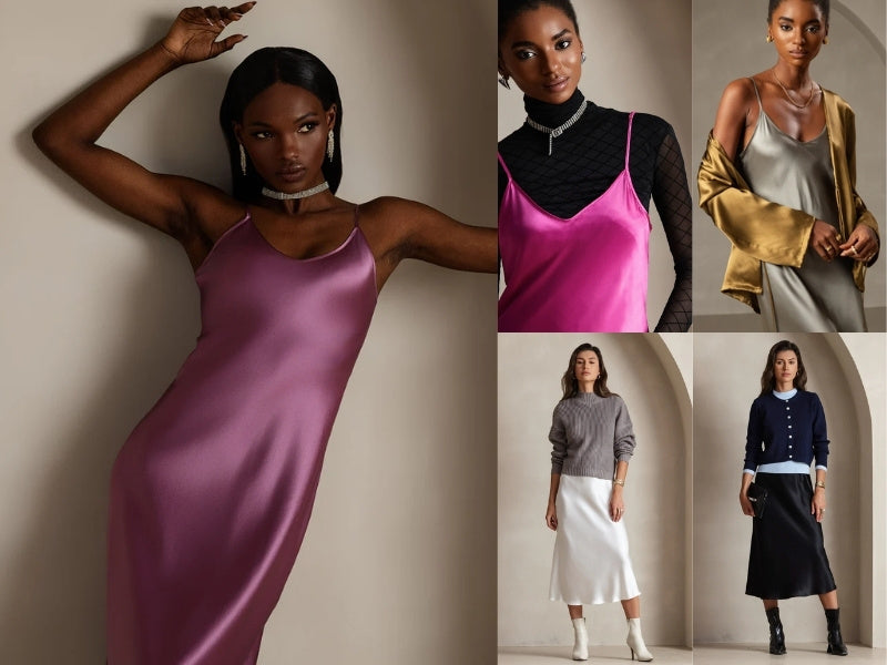 Fashion collage featuring silk slip dresses: main image shows model in pink silk slip dress, top right shows layering with sheer black turtleneck, bottom right displays various styling options including sweaters paired with white and black silk skirts