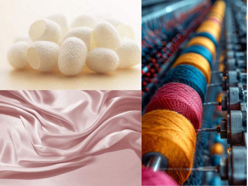 Collage showing benefits of silk sleepwear and bedding: a woman sleeping comfortably on blue silk, a split-screen comparison of smooth versus wrinkled skin, and a comparison of frizzy versus smooth hair